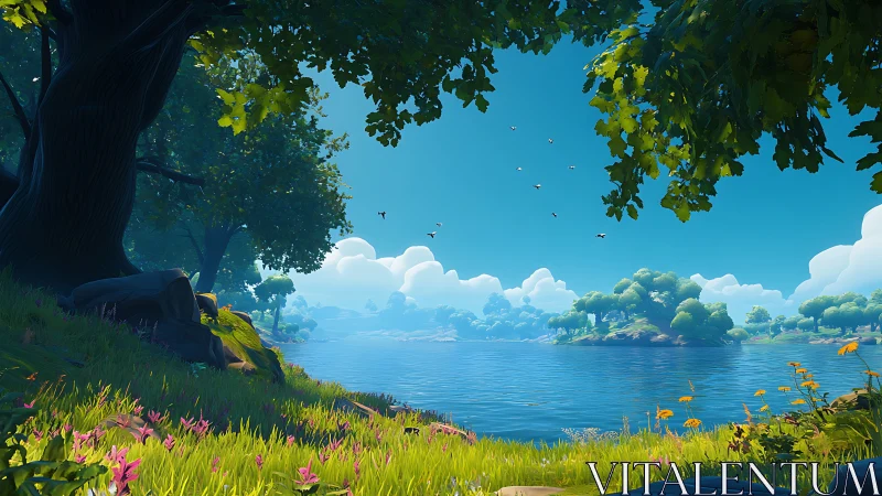 Lush stylized lakeside landscape under vibrant summer sky.