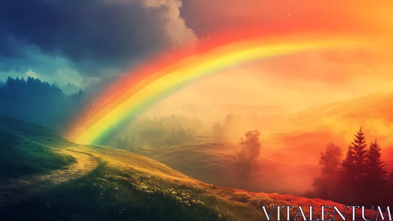 Curved rainbow spans misty hills under contrasting sky tones