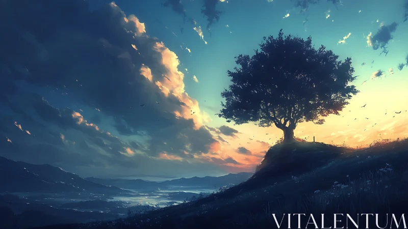 Solitary hilltop tree against expansive sunset sky.