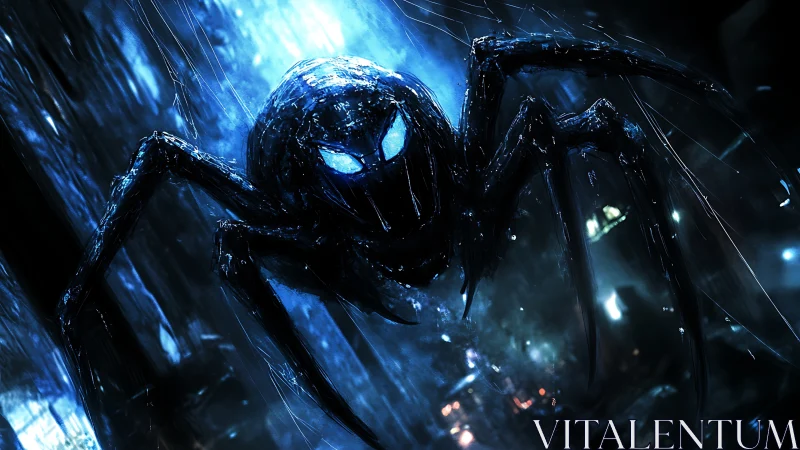 Glowing eyed cyber spider stalks through rain-soaked cityscape