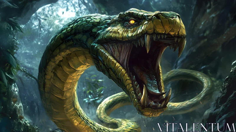 Jungle thunder serpent roaring through emerald shadowed ruin.