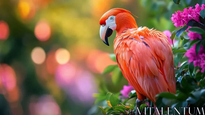 Vibrant Scarlet Macaw Among Pink Flowers in Soft Bokeh Style.