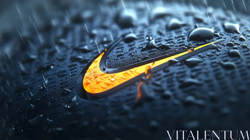 Photorealistic macro logo under rain with luminous inlay detail.