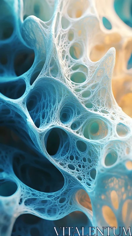 Organic lattice forms glow through translucent cyan mesh.