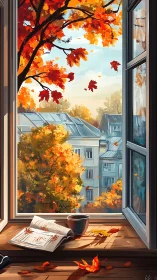 Autumn city window view frames book, coffee, falling leaves.