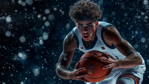 High-intensity basketball drive under dramatic arena backlight