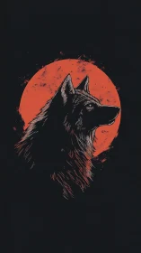 Wolf profile silhouette against textured red circular backdrop.