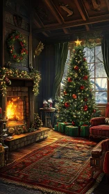 Warm interior Christmas scene with lit tree and stone fireplace