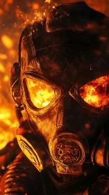 Gas Mask with Glowing Eyes Against Intense Fire Background