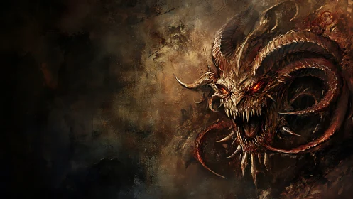 Infernal horned demon head with tendrils in dark void