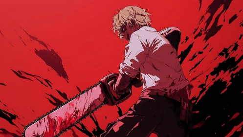 Blood-soaked chainsaw fighter stands defiant in crimson fury