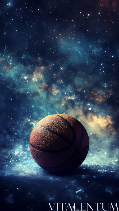 Cosmic basketball rests beneath a luminous starfield sky.
