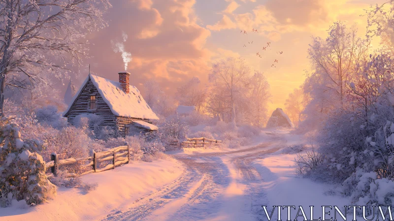 Snow covered cabin by country road at winter sunrise.
