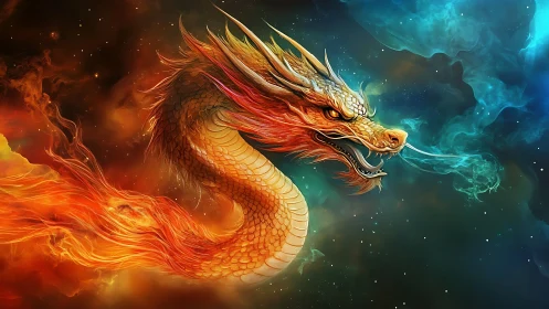Fiery cosmic dragon curls through swirling nebula light