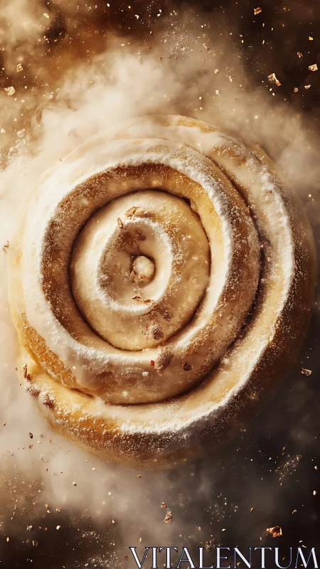 Cinnamon roll pastry dusted with powdered sugar against warm bokeh background.