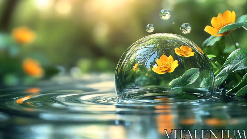 Glowing yellow blossoms encapsulated in a shimmering water orb.