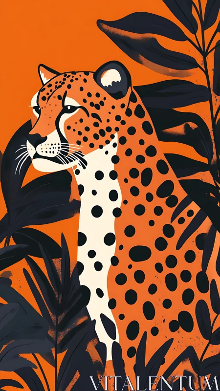 Spotted jaguar stands bold against vivid orange jungle backdrop.