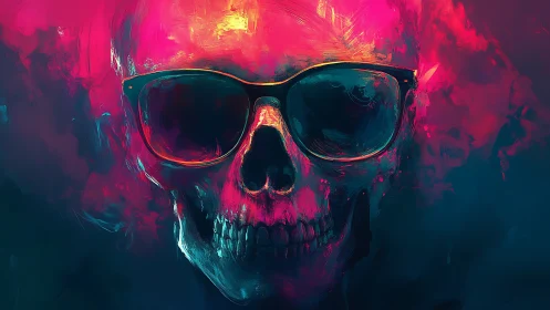 Neon skull portrait in sunglasses with electric color haze.