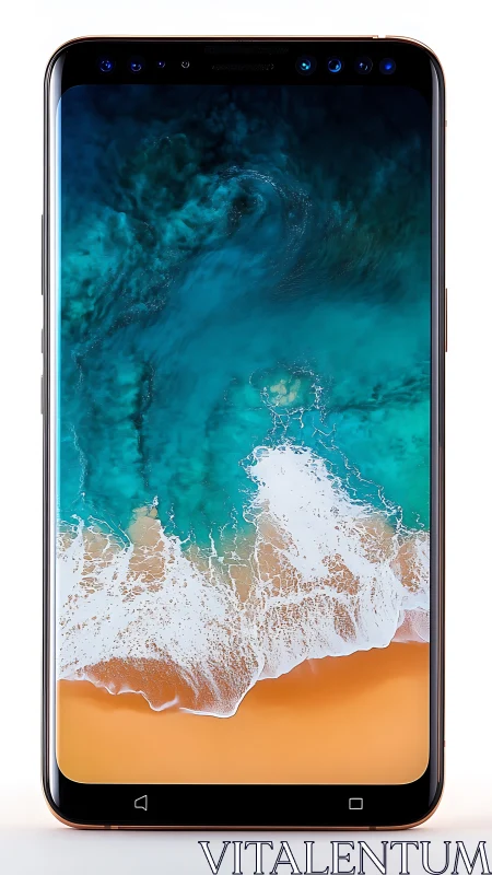 Smartphone Displaying Aerial Beach Landscape with Turquoise Ocean.