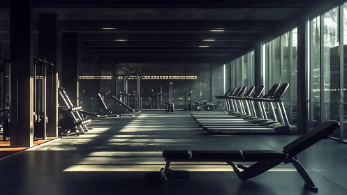 Quiet modern gym bathed in sunrise light and soft shadows.