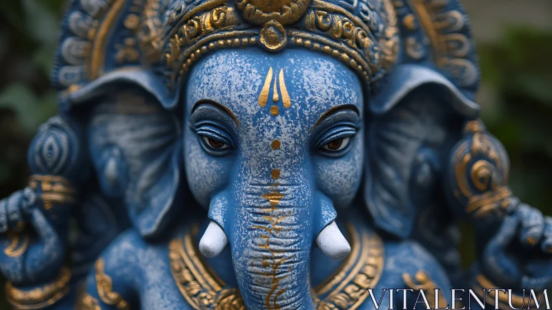 Blue elephant deity statue with gold ornamental details.