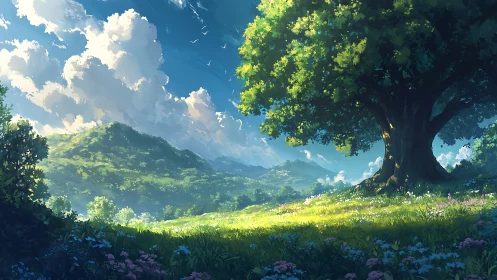 Sunlit hillside meadow under volumetric clouds and canopy.