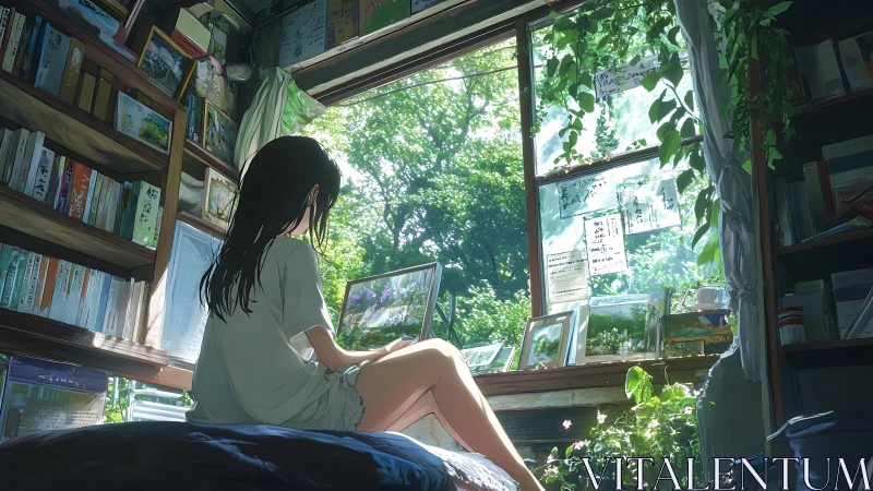 Backlit anime girl studies laptop in dense book-lined room