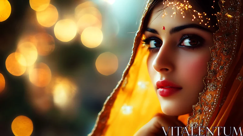 Bridal portrait under golden veil with cinematic bokeh light.