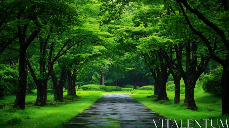 Symmetric tree-lined asphalt path under diffuse forest canopy.