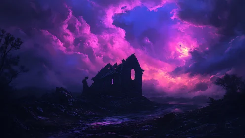 Ruined stone structure stands before luminous magenta sky