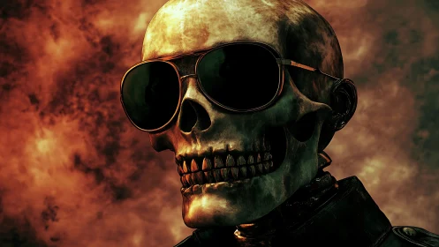 Human skull with sunglasses against fiery cloudy backdrop.