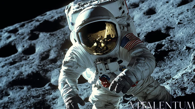 Astronaut explores rugged moon surface under harsh light.