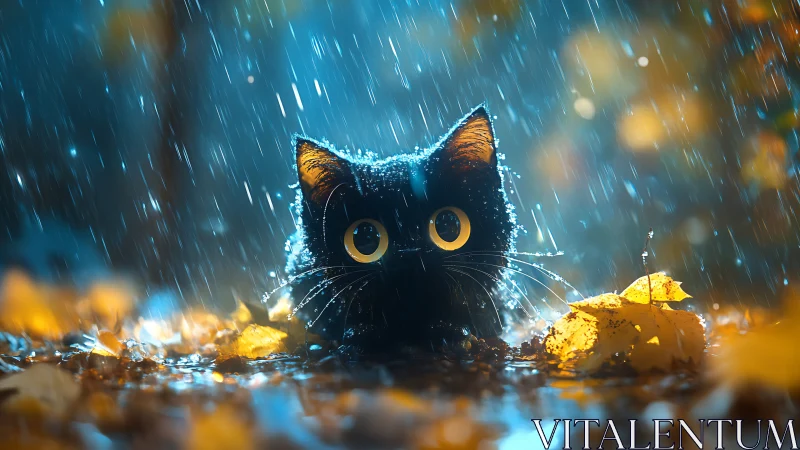 Black Cat in Rain with Golden Leaves.