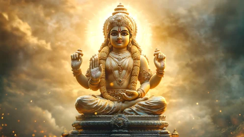 Radiant goddess statue seated in stormlit golden serenity.