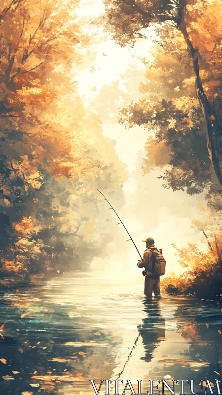 Autumnal river angler in atmospheric backlit forest corridor.