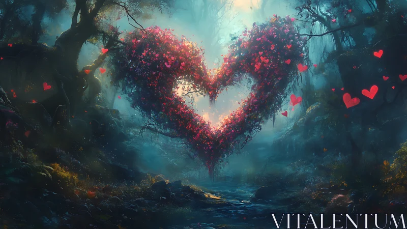 Heart-Shaped Forest Portal Glows Through Misty Woodland