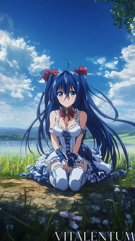 Blue haired anime girl in frilled white dress by lakeside meadow