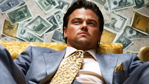 Wealthy businessman reclines in luxury amid scattered cash.