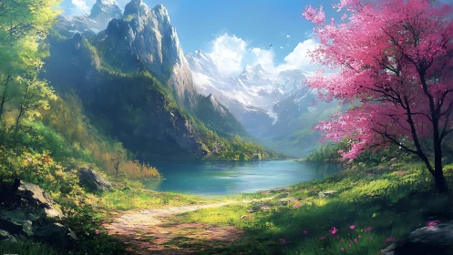 Serene mountain lake framed by pink blossom tree.