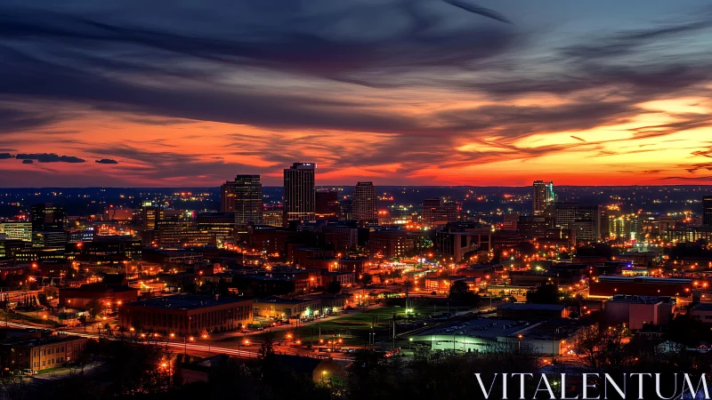 Vibrant city skyline glows beneath a dramatic sunset sky