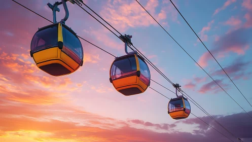 Sunset gondola cabins glide across a glowing pastel sky