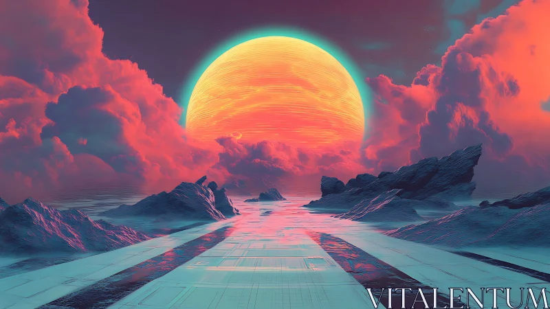 Neon horizon with giant sun over abstract alien seascape.