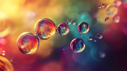 Suspended translucent spheres drift across multicolor field