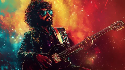 Starlit riffs spill from a neon crowned cosmic guitarist king