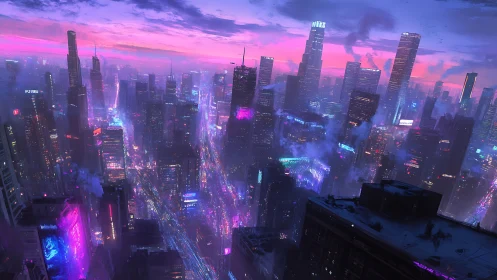Neon city skyline shows dense futuristic high-rise district