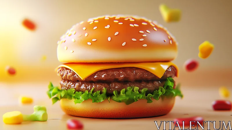 Double cheeseburger stack with glossy sesame bun glow.