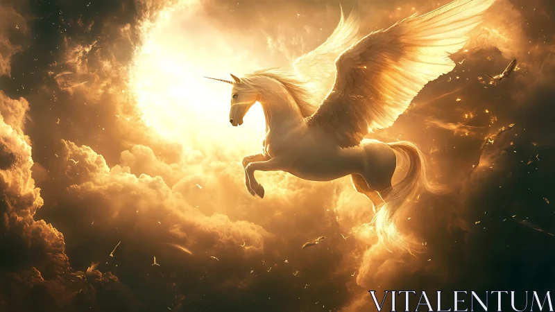 Radiant winged unicorn ascends through luminous storm clouds.