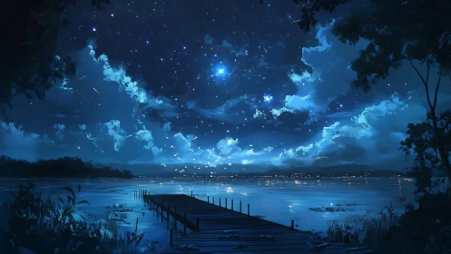 Moonlit lake pier under dense stars and drifting clouds