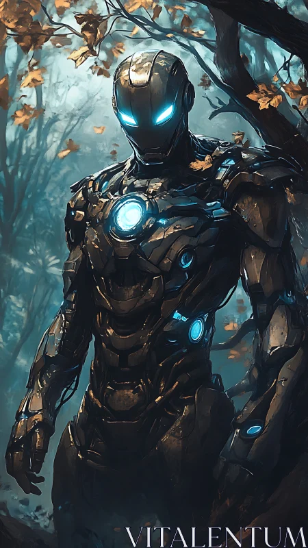 Armored guardian strides through a quiet, glowing forest path