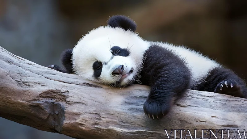 Sleepy baby panda stretched on a log in tranquil repose.